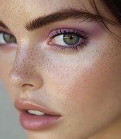 Close-up of woman with freckles, green eyes, and pink eyeshadow showcasing natural beauty and modern makeup trends for cosmetic advertising.