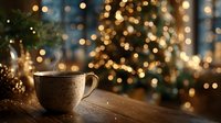 Cozy ceramic mug on wooden table with warm Christmas lights bokeh background creating festive holiday atmosphere for seasonal beverages and winter comfort.