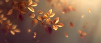 Golden autumn leaves floating in warm sunlight, creating atmospheric seasonal backdrop with soft bokeh effect and falling foliage.