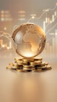 Golden globe on stack of coins with financial charts background representing global economy and international investment growth opportunities.