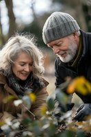 Senior Caucasian couple enjoying gardening together in autumn garden, sharing happy moment while planting and tending to plants outdoors.