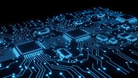 Futuristic blue circuit board with glowing electronic pathways and microchips on dark background for technology and innovation concepts.