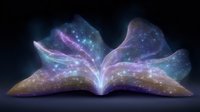Magical open book with glowing pages emitting cosmic dust and starry nebula effects, creating ethereal purple and blue light in dark background.