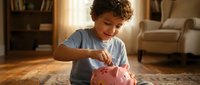 Young boy with curly hair putting coin into pink piggy bank while sitting on wooden floor in cozy living room, learning about saving money and financial literacy.