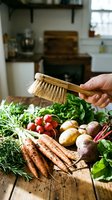 Hand holding wooden vegetable brush cleaning fresh organic produce including carrots, potatoes, tomatoes and leafy greens on rustic kitchen counter.