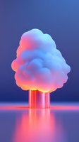Glowing cloud-like form on metallic pedestal with neon pink and blue gradient lighting creates dreamy atmospheric mood against dark background.