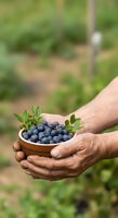 Farmer holding wooden bowl filled with fresh blueberries and green leaves in hands at harvest time outdoors in garden setting.