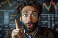 Excited bearded businessman with raised finger having eureka moment against financial chart background. Expressive facial features show surprise and inspiration.