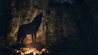 Silhouette of a wolf howling beside a glowing campfire in a dark cave, evoking wilderness and mystery for fantasy and adventure storytelling projects.