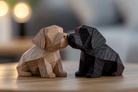 Wooden carved puppies kissing, geometric modern style figurines in black and brown colors on wooden surface with soft bokeh background. Decorative home design element.