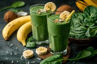 Healthy green spinach banana smoothie garnished with sliced banana, nuts and seeds. Perfect for detox breakfast, fitness nutrition and wellness lifestyle.