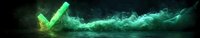 Glowing green checkmark symbol emerging from dynamic liquid splash against dark background, creating luminous effect with particles and waves in motion.