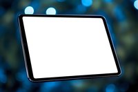 Modern tablet with blank white screen on blurred blue bokeh background, mockup for app and web design presentation, isolated display for digital content.