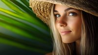 Young woman with long blonde hair and fair complexion wearing a straw hat, surrounded by green tropical foliage, ideal for lifestyle and nature themes.