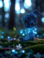 Magical glowing blue fairy character sitting on moss with bokeh lights in background, creating enchanting forest atmosphere for fantasy and children designs.