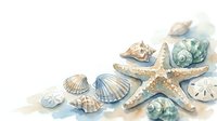 Watercolor coastal arrangement featuring starfish, seashells, and sand dollars on white background, isolated for design use on apparel, invitations, and decorative projects.