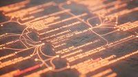 Digital circuit board with glowing orange pathways and electronic components for technology and innovation projects.