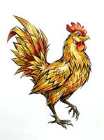 Vibrant rooster illustration with golden and red plumage, isolated on white background, suitable for farm designs, poultry branding, and agricultural graphics.
