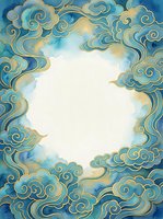 Watercolor oriental cloud frame in teal and gold tones with white center space for text, great for greeting cards and invitations.