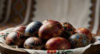 Traditional painted Easter eggs with intricate folk patterns displayed in woven basket on rustic textile background for holiday celebrations.