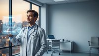 Professional male doctor in white coat with stethoscope standing by hospital window at sunset, modern medical office interior for healthcare concepts.