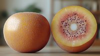 Fresh ripe red kiwi fruit whole and cut in half showing juicy pink flesh with black seeds and white center on wooden surface with soft background.