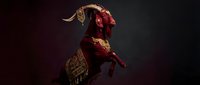 Fierce demon warrior with horns and ornate armor stands ready for battle in dark atmospheric setting for fantasy gaming and horror entertainment projects.