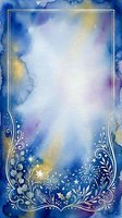 Watercolor abstract background with blue, gold, and purple gradient washes, ornate white floral border frame with stars and sparkles, isolated on white for design use.