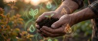 Farmer holding rich soil with glowing sustainability icons including leaves, water drops, and fire symbols, representing eco-friendly agriculture and environmental stewardship practices.
