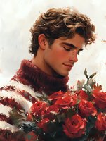 Young man with curly dark hair in red turtleneck sweater holding bouquet of red roses, side profile portrait in romantic artistic style. Soft lighting creates dreamy atmosphere.