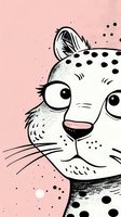 Cute snow leopard face close-up cartoon on pink background. Monochrome spotted wild cat character with big eyes and whiskers. Funny animal art for children products.