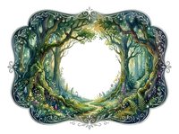 Enchanted forest frame with mystical trees and magical foliage creating circular border on transparent background for fantasy designs and storytelling projects.