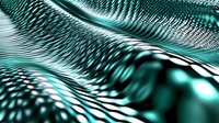 Futuristic turquoise metallic wave pattern with rippling surface effect creates dynamic motion and flowing curves against dark background, suitable for technology concepts.