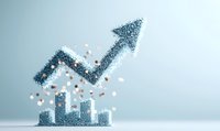 Glittering house silhouette with upward arrow made of blue sparkles and floating particles on light background, representing real estate market growth.
