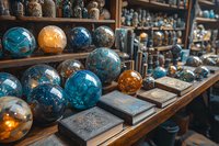 Vintage glass fishing floats and decorative spheres displayed on wooden shelves in antique store, featuring blue, amber and clear colors with ornate patterns.