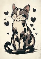 Smiling calico cat with heart-shaped spots surrounded by floating hearts on beige background, illustration for pet-themed greeting cards.