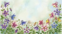 Watercolor columbine flowers in purple, pink, yellow, and blue frame a soft pastel background with copy space for greeting cards.