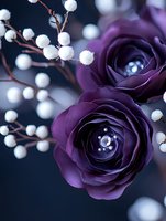 Deep purple roses with crystal centers alongside delicate white berries on dark background create elegant floral composition for wedding and romantic designs.