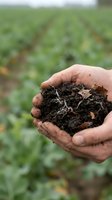 Farmer hands holding rich dark soil with small plant seedling sprouting in agricultural field background for sustainable farming and organic gardening concepts.
