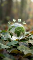 Glass globe with green continents on autumn leaves showing renewable energy icons for environmental sustainability and eco-friendly technology concepts.