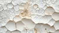 Cracked and peeling paint texture showing weathered surface with hexagonal pattern formations and natural aging effects in white and beige tones.