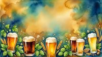 Watercolor beer glasses with hops and barley on textured background for brewery advertising, Oktoberfest celebrations, craft beer promotions and pub decorations.