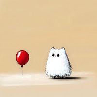 Cute fluffy white cartoon monster character with black eyes looking at red balloon on beige background, minimalist digital art illustration for children design.