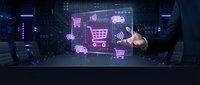 Businessman touching holographic e-commerce icons with shopping carts and delivery trucks in futuristic digital interface for online retail technology.
