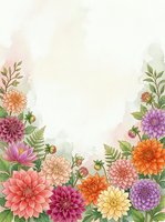 Watercolor dahlia flowers frame with ferns and leaves on soft pastel background for wedding invitations, greeting cards and floral design projects.