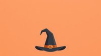Witch hat with buckle on orange background, isolated design element for Halloween costumes, decorations, and seasonal marketing materials.