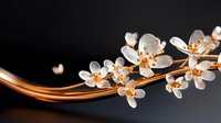 Elegant white cherry blossoms with golden stamens arranged along curved golden branch against dark background for luxury spring design projects.