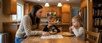 Young Caucasian mother helping two children with homework at wooden kitchen table in warm family home setting with natural lighting and cozy atmosphere.