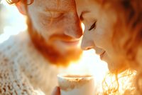 Young couple in intimate moment sharing coffee cup in warm golden sunlight creating romantic atmosphere for relationship and love concepts.