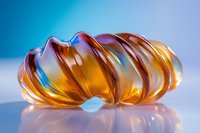 Twisted amber glass spiral shape with smooth curves and reflective surface against blue gradient background creates dynamic abstract composition.